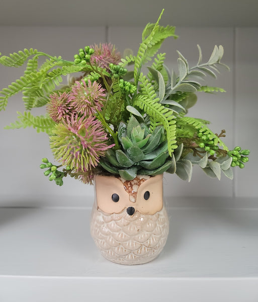 Faux Floral Arrangement In Beige Ceramic Owl Container