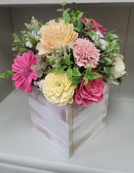 Wood Floral Arrangement In White Wood Box