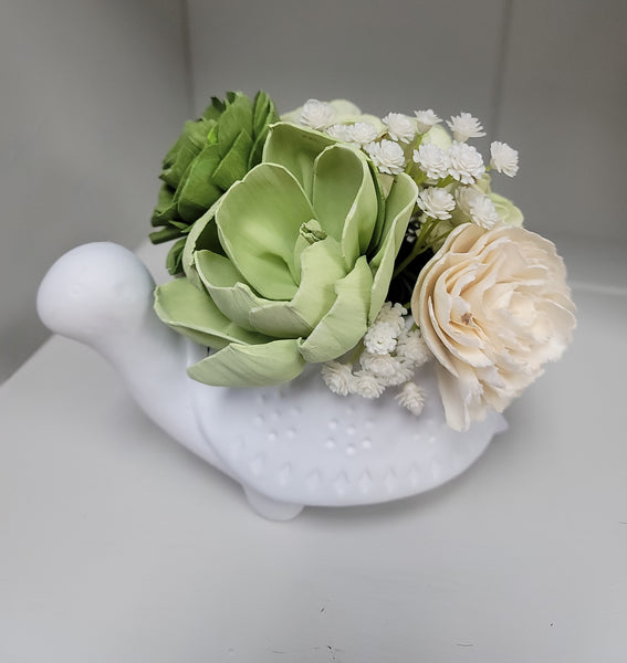 Wood Floral Arrangement In White Ceramic Snail Container