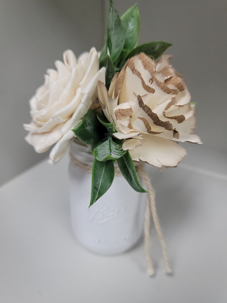 Wood Floral Arrangement In White Mini Mason Jar
