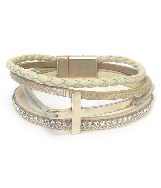 Multi Layer Leatherette Magnetic Bracelet With Cross (Gold)