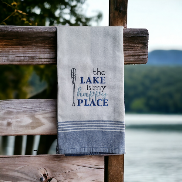 The Lake Is My Happy Place Handmade Embroidered Towel