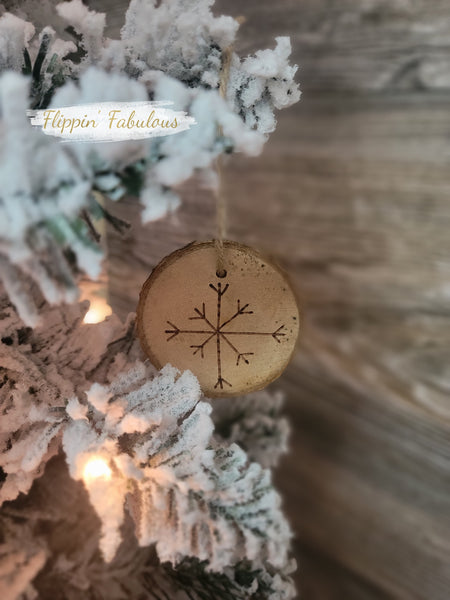 Wood Burned Snowflake on Wood Slice Handmade Ornament