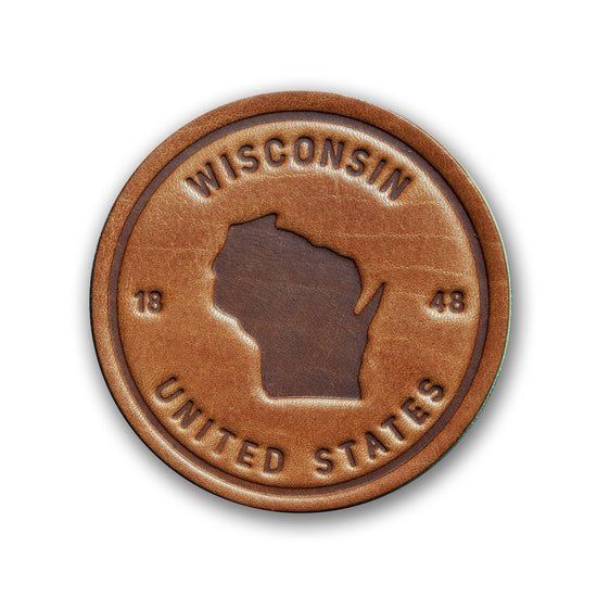 Wisconsin State Silhouette 1848 United States Handmade Leather Coaster