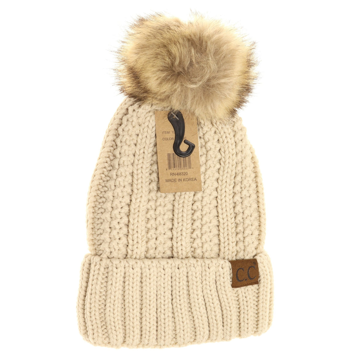 C.C. Beanie With Faux Fur Pom and Fuzzy Lining (Multiple Colors