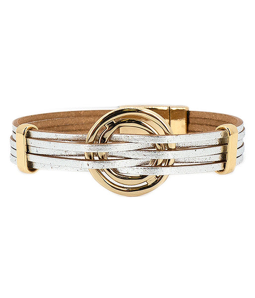Reversible Multi Layer Leatherette Magnetic Bracelet With Metal Ring