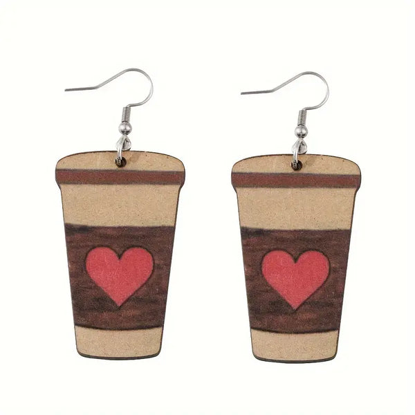 Coffee Cup With Red Heart Wooden Earrings