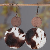 Brown And White Cowhide Leather and Wood Earrings