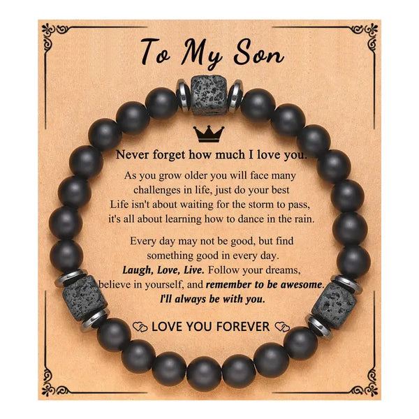 To My Son Black Beaded Bracelet With Faux Stones