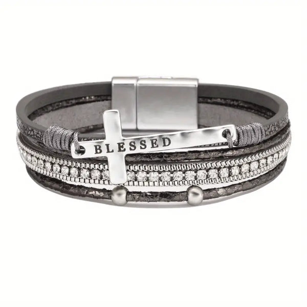 Blessed With Cross Leatherette Magnetic Bracelet With Cross (Grey)
