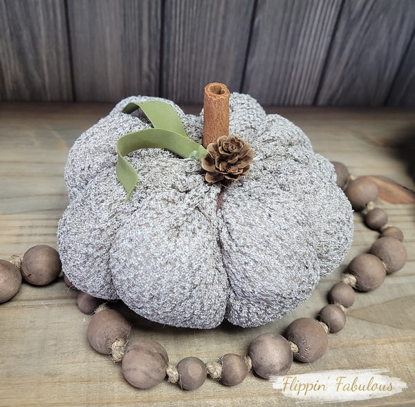 Beige Fabric Handmade Pumpkin With Faux Leather Leaves