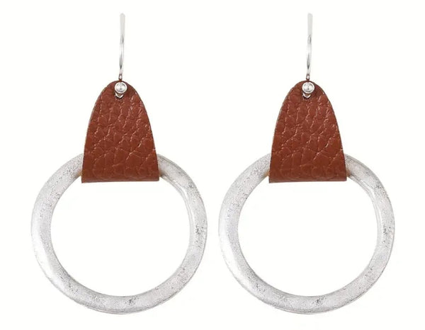 Hammered Hoop With Brown Leather Earrings
