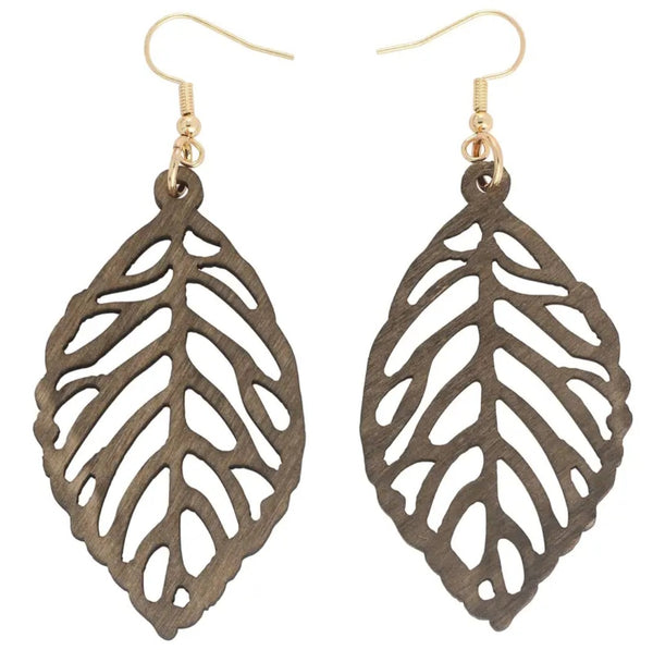 Walnut Wood Leaf Dangle Earrings