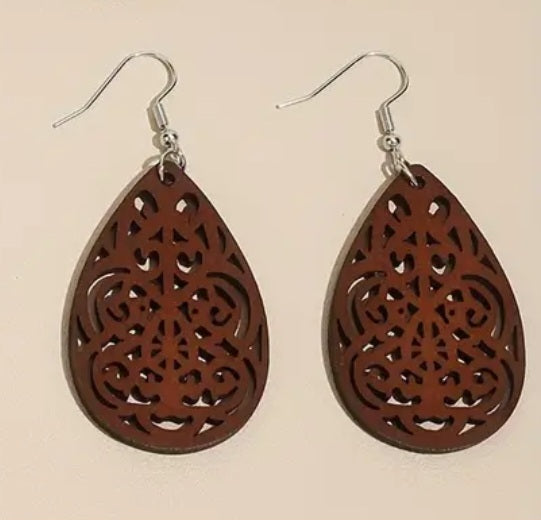 Wood IntricateTeardrop Earrings (Brown)