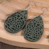 Wood Intricate Teardrop Earrings (Olive Green)