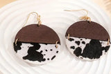 Black and White Cow Print With Wood Half Circle Drop Earrings