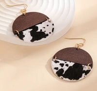 Black and White Cow Print With Wood Half Circle Drop Earrings