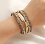Shimmer Gold With Leaf Multi Layer Leatherette Magnetic Bracelet