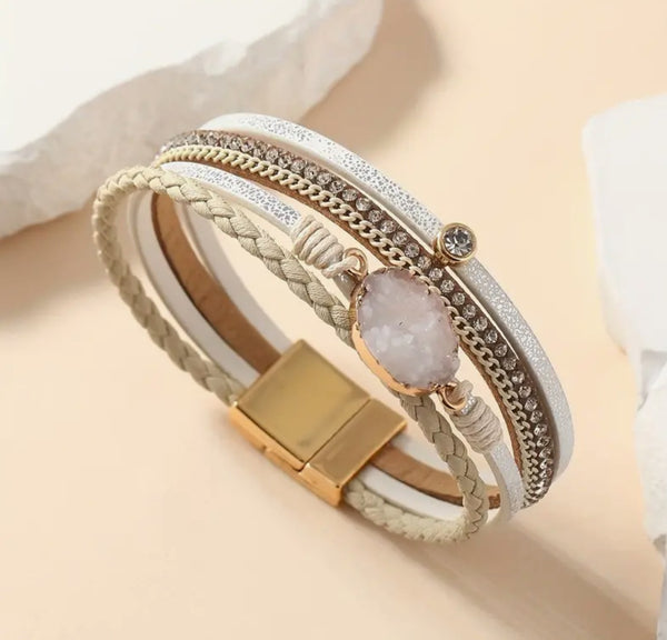White & Cream With Druzy Stone Leatherette Multi Layer Magnetic Bracelet