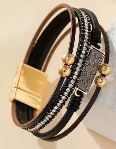 Black With Rhinestones Multi Layer Leatherette Magnetic Bracelet
