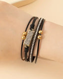 Black With Rhinestones Multi Layer Leatherette Magnetic Bracelet