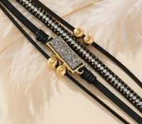 Black With Rhinestones Multi Layer Leatherette Magnetic Bracelet