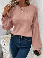 Solid Crew Neck Ribbed Long Sleeve Shirt With Lantern Sleeves