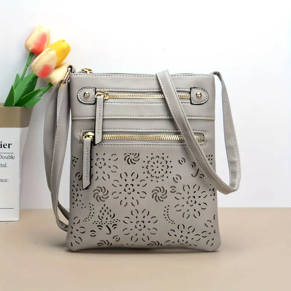 Gray Faux Leather Crossbody Bag With Floral Design