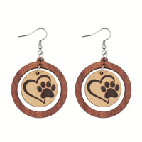 Paw Print With Heart Circle Dangle Earrings