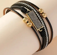 Black With Rhinestones Multi Layer Leatherette Magnetic Bracelet