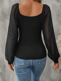 Black Square Neck Long Sleeved Top With Semi Sheer Sleeves