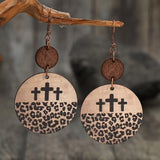 Wood Cross With Leopard Print Dangle Earrings