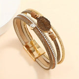 Brown & Gold With Druzy Stone Leatherette Multi Layer Magnetic Bracelet