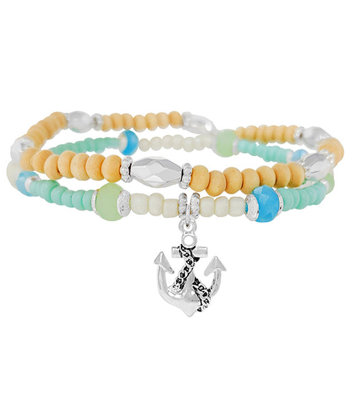 Beach Themed Nautical Stretch Bracelet Set With Anchor Charm