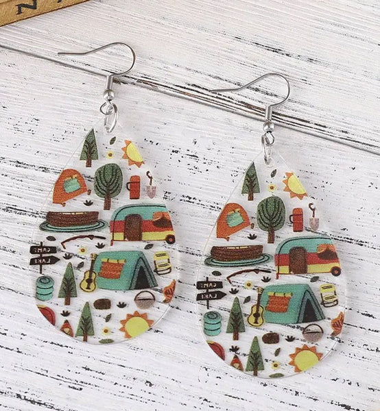 Camping Theme Acrylic Teardrop Dangle Earrings