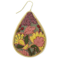 Embroidered Teardrop Earrings With Pink, Purple, and Yellow Flowers