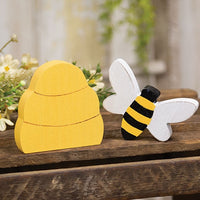 Distressed Wooden Bee And Hive (Two Piece Set)