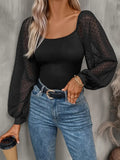 Black Square Neck Long Sleeved Top With Semi Sheer Sleeves