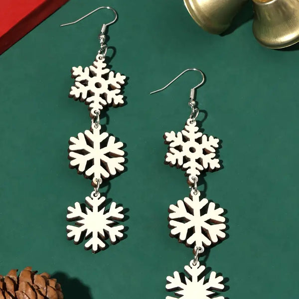 Wood Snowflake Trio Dangle Earrings