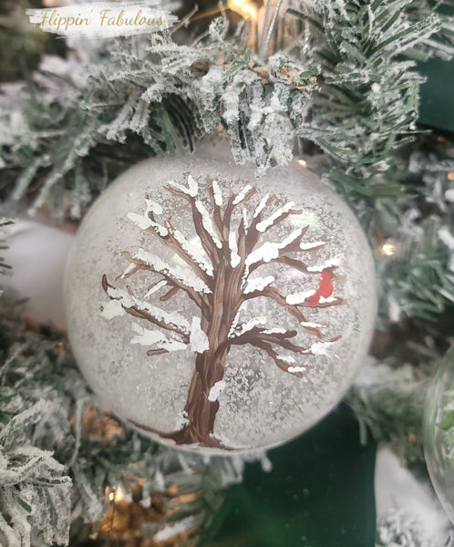 Hand Painted Winter Tree With Cardinal Ornament