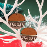 Double Half Circle With Wood & Reindeer Print Drop Earrings (Brown)