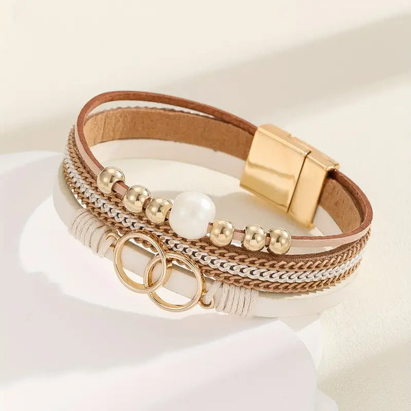 Ivory And Gold Circle Duo Leatherette Multi Layer Magnetic Bracelet