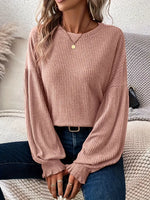 Solid Crew Neck Ribbed Long Sleeve Shirt With Lantern Sleeves