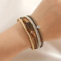 Brown & Gold With Druzy Stone Leatherette Multi Layer Magnetic Bracelet