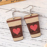 Coffee Cup With Red Heart Wooden Earrings