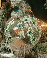 Hand Painted Snow Covered Branches With Green Rhinestones Ornament