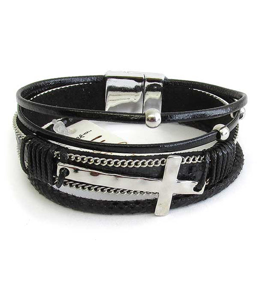 Multi Layer Leatherette Magnetic Bracelet With Cross (Black)