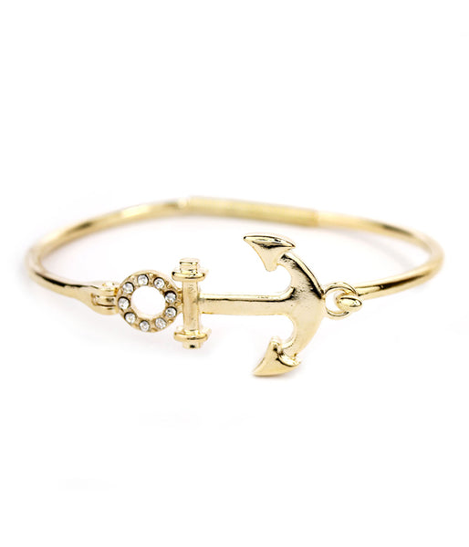 Anchor Bangle Bracelet With Rhinestone Accents (Gold)