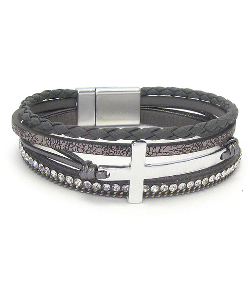 Multi Layer Leatherette Magnetic Bracelet With Cross (Gray)