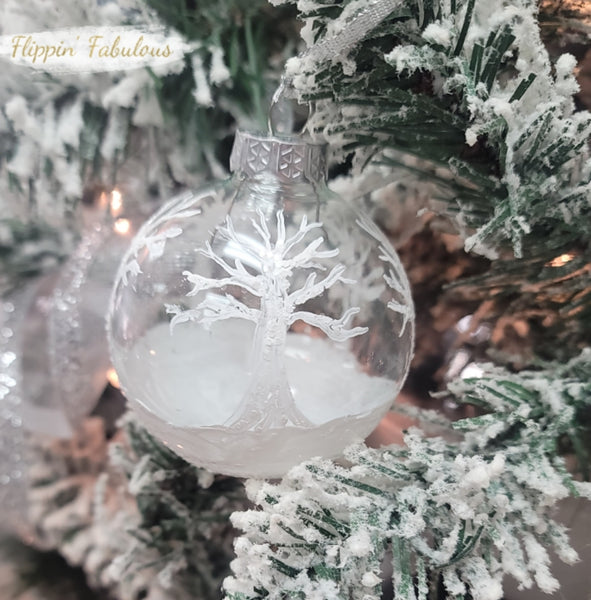 Hand Painted Snow Covered Tree Glass Ornament